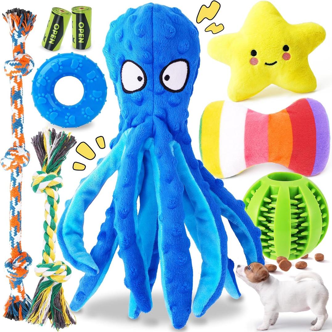 KIPRITII 9-Pack Interactive Puppy Dog Toys for Small Dogs No-Stuffing Squeaky Octopus-Shaped Toy, Cute Plush & Engaging Chew Toys for Puppy Teething to Keep Them Busy
