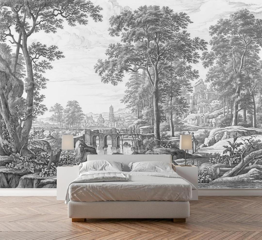 Vintage Forest Wallpaper Gray Trees Woodland Wall Mural Large Nature Landscapes Wall Decor for Living Room Bedroom Dining Room Office(Not Self-Adhesive) (149" x 96", 233)