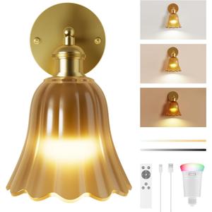 FULEN Vintage Battery Operated Wall Sconce with Amber Tulip Glass Lampshade Wireless 10000mAh Rechargeable Battery Powered Wall Light with Remote Control for Bedside Bedroom Livingroom Doorway