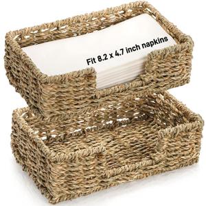 Pumtus 2 Pack Woven Napkin Holders, Seagrass Guest Towel Serving Tray, Fit Napkins 8.2 x 4.7 Inch, Disposable Paper Hand Towel Basket, Rattan Flat Napkin Dispenser for Bathroom Kitchen