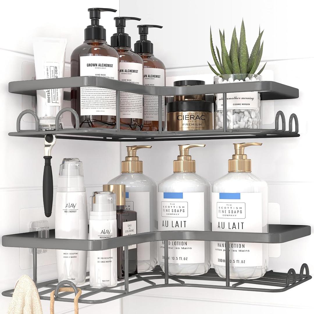 Corner Shower Caddy - 2 Pack, Adhesive Shower Organizers, Rustproof Stainless Steel Shower Shelves with 8 Hooks, No Drilling Bathroom Organizers and Storage Racks, Space-Saving, Grey, Large