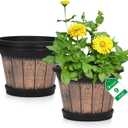 Quarut Plant Pots Set of 3 Pack 9 inch,Whiskey Barrel Planters with Drainage Holes & Saucer.Plastic Decor Flower Pots Imitation Wine Barrel Design,for Indoor & Outdoor Garden Home Plants (Brown)
