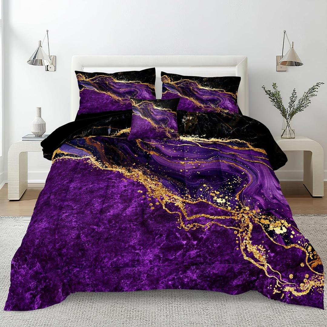 Black Gold Comforter Set Purple Marble Bedding Set King Size Black Marble Stone Abstract Artwork Bedroom Decor Black Marble Comforter Sets for All Season