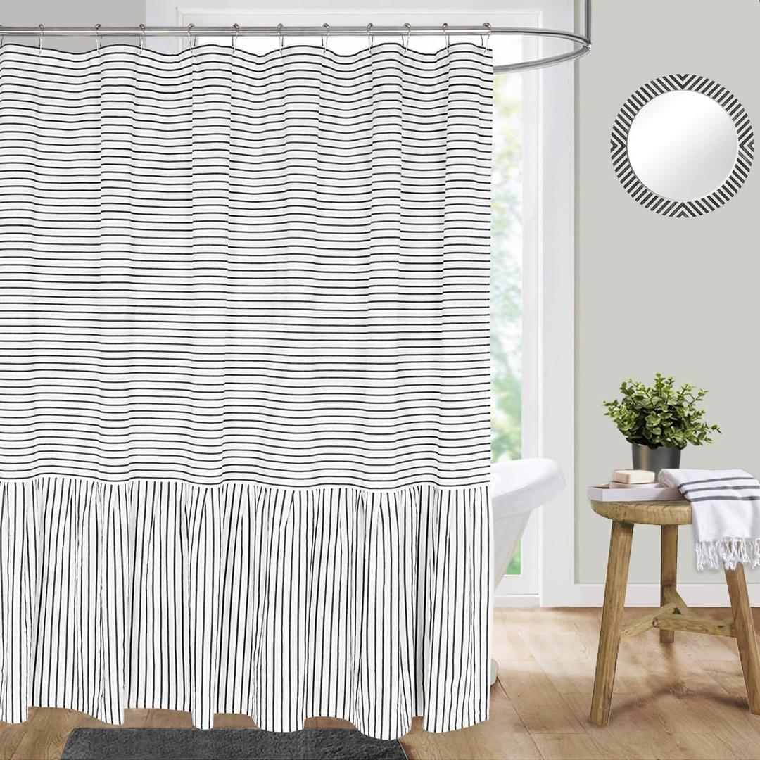 Farmhouse Ruffle Shower Curtain,Black Striped Patchwork,Coutry and Shabby Chic Style,72x72 in