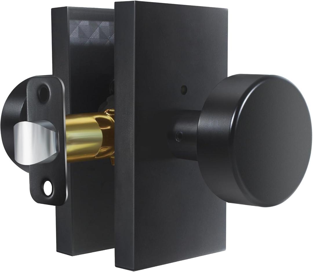Matte Black Zinc Alloy Privacy Door Knob with Lock, Heavy-Duty Round Handle with Rectangle Frame, Bedroom Bathroom Interior Quick Installation Lock Set, 1 Pack