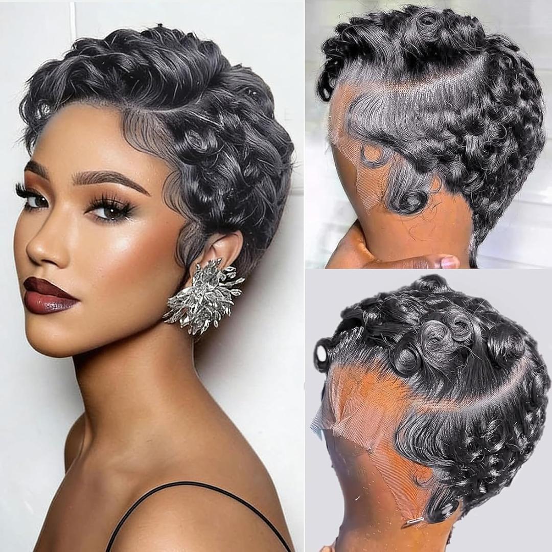Dark Grey 13X4 Lace Front Curly Pixie Cut Wig Human Hair Wigs, Dark Grey 13x4 HD Lace Frontal Wigs Short Layered Curly Glueless Wig Deep Wave Pixie Cut Human Hair Wigs for Black Women, Natural Black