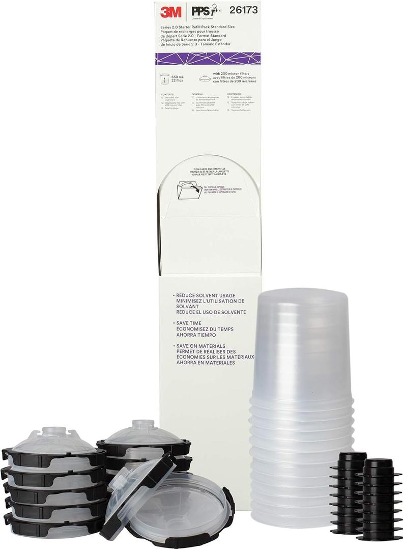 3M PPS 2.0 Paint Spray Gun System Refill Kit with Lids and Liners, 26173, Standard, 22 Ounces, 200-Micron Filter, Use for Cars, Furniture, Home and more,12 Disposable Lids and Liners,16 Sealing Plugs, Clear