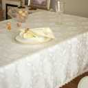 GLORY SEASON Textured Tablecloth Waterproof Spillproof Lace Trim Rectangle Jacquard Fabric Table Cloth, Kitchen Dinning Tabletop Decoration, Round Table Cover for Outdoor Use 60x102 Inch, Ivory White