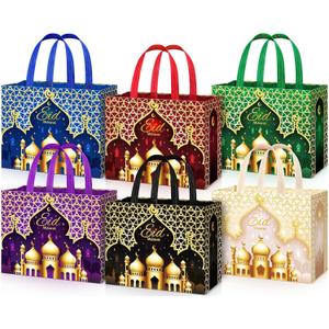Yoojahow 6 Pcs Eid Mubarak Gift Bags with Handles 12.6 x 9.8 x 6.7 Inch Large Reusable Ramadan Tote Bags Eid Mubarak Non-Woven Treat Goodie for Gifts Wrapping Shopping Ramadan Party Supplies