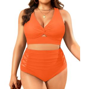 Women's Plus Size Two Piece Swimsuits - High Waisted Bikini Tummy Control Bathing Suits 2025 Twist Knot Swimwear (Orange, 20Plus)