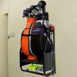 WALMANN Wall Mount Golf Bag Organizer Extra Large 2 Golf Bags Stand Golfing Equipment and Accessories Storage Rack for Garage Shed Basement (Black-New)