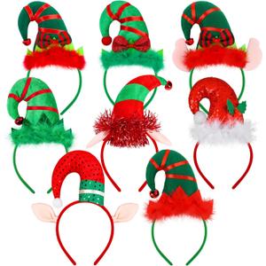 Aodaer 8 Pack Christmas Headbands Cute Elf Hat Costume Headwear Christmas Hair Hoop for Christmas Party Holiday Favors Elves Party Decoration