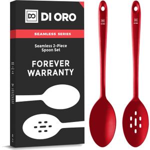DIORO Silicone Mixing & Serving Spoons - Large Heat-Resistant Non Stick Utensils Big Solid & Slotted Basting & Stirring Spoons - Dishwasher Safe (2pc, Red)