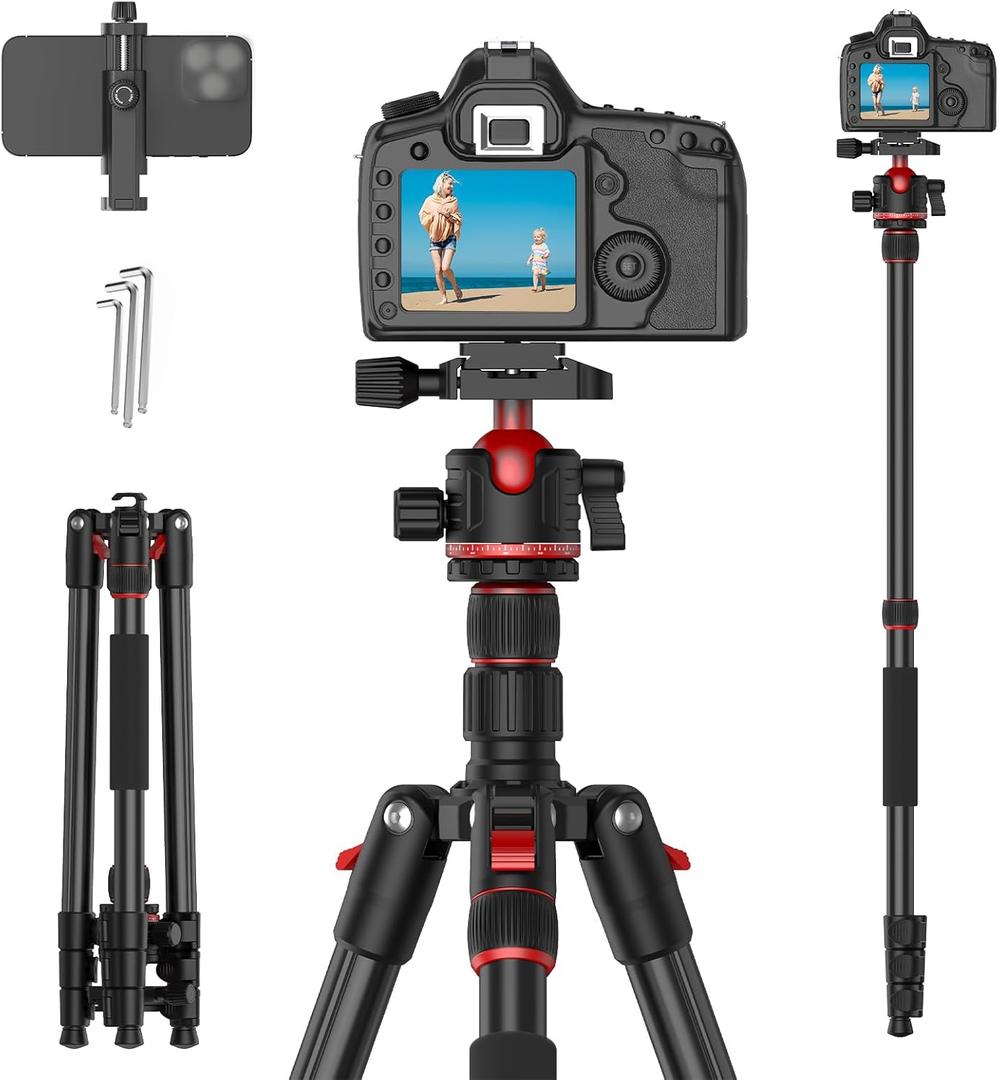 XXZU 74" Camera Tripod for DSLR/Monopod,360Ball Head,Quick Release Plate,Phone Holder,Aluminum Lightweight Compact Travel Tripod Stand,Camera Tripod Compatible with DSLR/Phone,Max Load 10KG/22.05LB (Black-red)