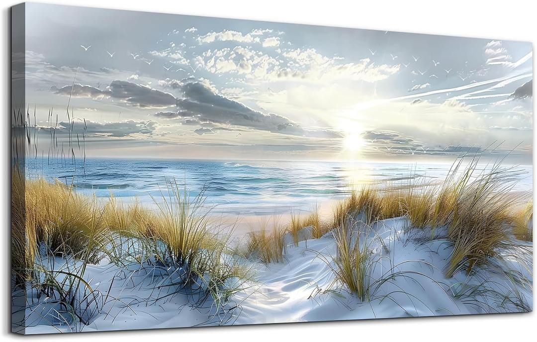 Lapremoly Framed Wall Art - Large Ocean Beach Wall Decor for Living Room, Office, Modern Bedroom - Blue Sea Landscape Pictures - 24"X48"