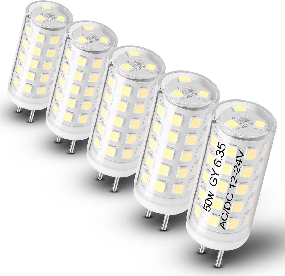 AC/DC 12-24V 5W G6.35 LED Bulb Daylight White 6000K G6.35/GY6.35 Bi-Pin Base JC Type LED 50W Halogen Replacement Bulb for Pendant Puck Closet Accent Landscape Lights, Non-Dimmable, 5 Pack