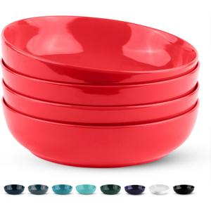 KooK Pasta Bowl, Salad Bowls, Soup, Serving Bowls, Ceramic, Large Capacity, Microwave & Dishwasher Safe, Set of 4, 40 Oz,(Red)