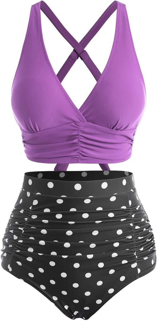 DRESSFO Women's High Waisted Bikini Sets Two Piece Padded Retro Vintage Tummy Control Swimsuit Gothic Bathing Suit (Large, Purple_2)