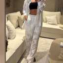 CHICME Womens Textured Two Piece Outfit Set Elegant Button Down Long Sleeve Shirt and Loose Wide Leg Pants Set (White, M)