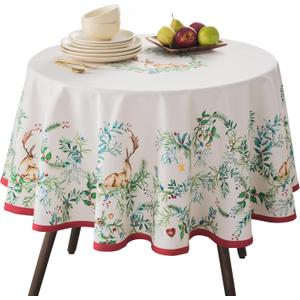 Maison d' Hermine Table Cloth Round Table 100% Cotton 69 Inches Fall Tablecloth Reusable Everyday Use for Thanksgiving Christmas Decorations Dining Farmhouse Party (Holly Time)