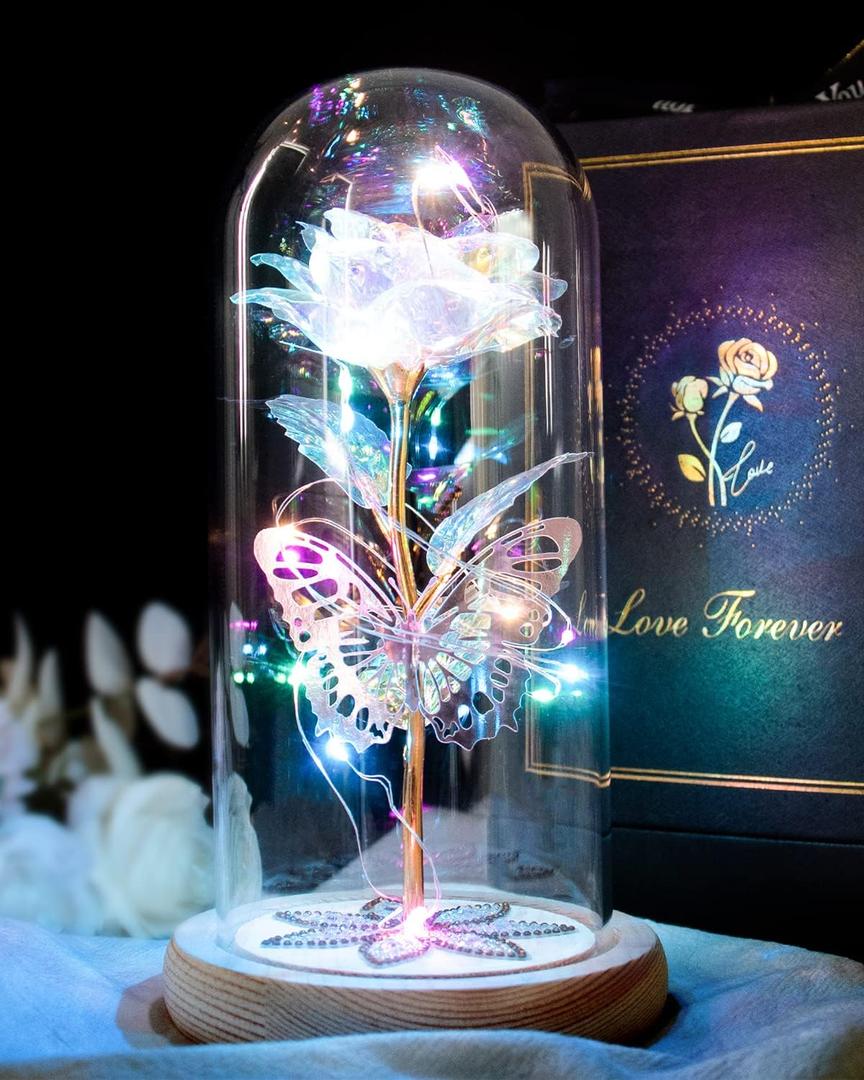 Beferr Gifts for Women Mom Birthday Gifts Galaxy Glass Rose Forever Preserved Flowers for Delivery Prime Artificial Eternal Rose in Glass Dome Mothers Day Moms Gift for Grandma Wife Daughter, Rainbow