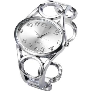 Top Plaza Women Fashion Silver Tone Circle Band Arabic Numeral Scale Bangle Cuff Dress Bracelet Watch  Valentine's Day Gift