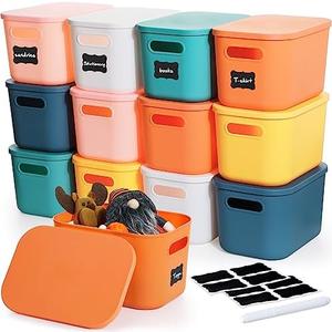 Thyle 12 Pack Plastic Storage Bins for Classroom Storage with Lids Handles Back to School Colorful Stackable Desktop Box Bins with Marker Label for Shelf Drawer,10 x 7 x 6 Inch (Multicolored)