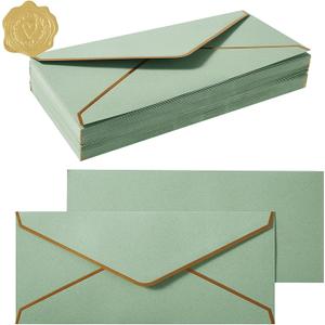 50 Pack #10 Business Envelopes with Gold Border, Self Seal Standard Envelopes with Gold Stickers for Office, Checks, Letter Mailing, Invoices, 4 1/8 x 9 1/2 Inches (Sage-Green)