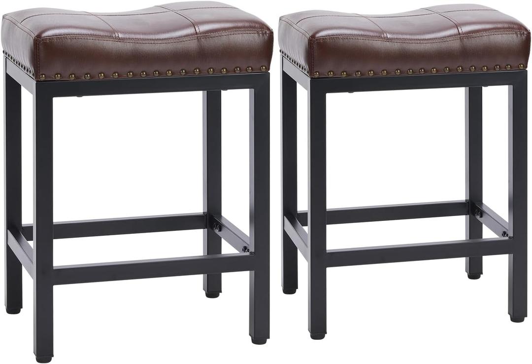 Sweetcrispy Counter Bar Stools Set of 2, 24 Inch Barstools for Kitchen Island, Upholated PU Leather Kitchen Chairs with Thick Saddle Seat & Metal Base and Footrest, Brown