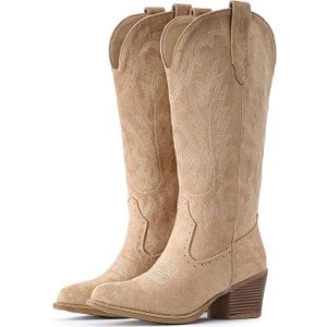 IUV Suede Cowboy Boots For Women Chunky Heel Pointed Toe Cowgirl Boots Mid Calf Western Embroidery Boots, Size:6.5