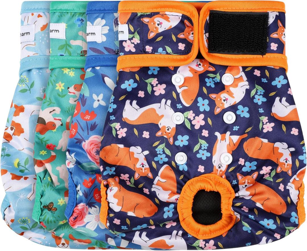 4 Pack Reusable Female Dog Diaper, Highly Absorbent Doggie Diapers for Female Dogs, Dog Diaper Small, Flowers & Dogs