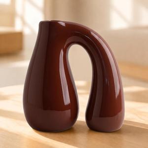 Brown Ceramic Vase for Modern Home Decor, 7.5" Sculptural U-Shape Pitcher Vase with Arch Handle, Small Earth-Tone Aesthetic Flower Vase for Pampas Grass, Dried Flowers, Shelf Entryway Decor PROBENEX