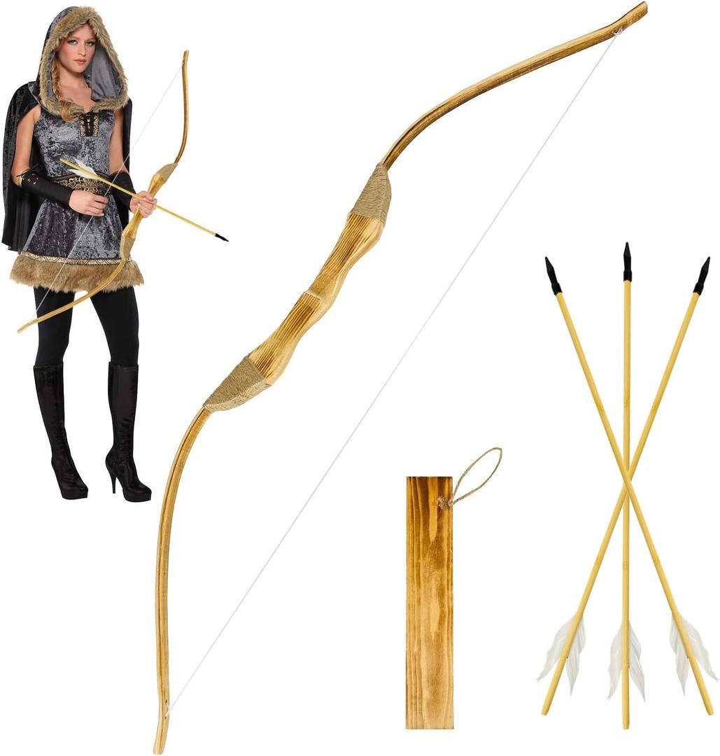 Youth Wooden Bow and Arrow Set, 40 Inch Handmade Wooden Bow and Arrow Cosplay Costume Prop Archery Set Games Toys, 1 Bows 1 Quivers and 3 Feather Arrows, Gifts for Kids Youth Boys and Girl