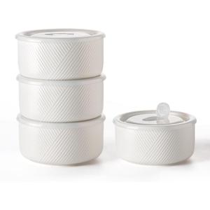 Large Ceramic Bowls with Lids: 32 oz Microwave Safe Food Storage Containers for Soup Salad Meal Prep Lunch Picnic Camping - 6 Inch, Set of 4 (White)