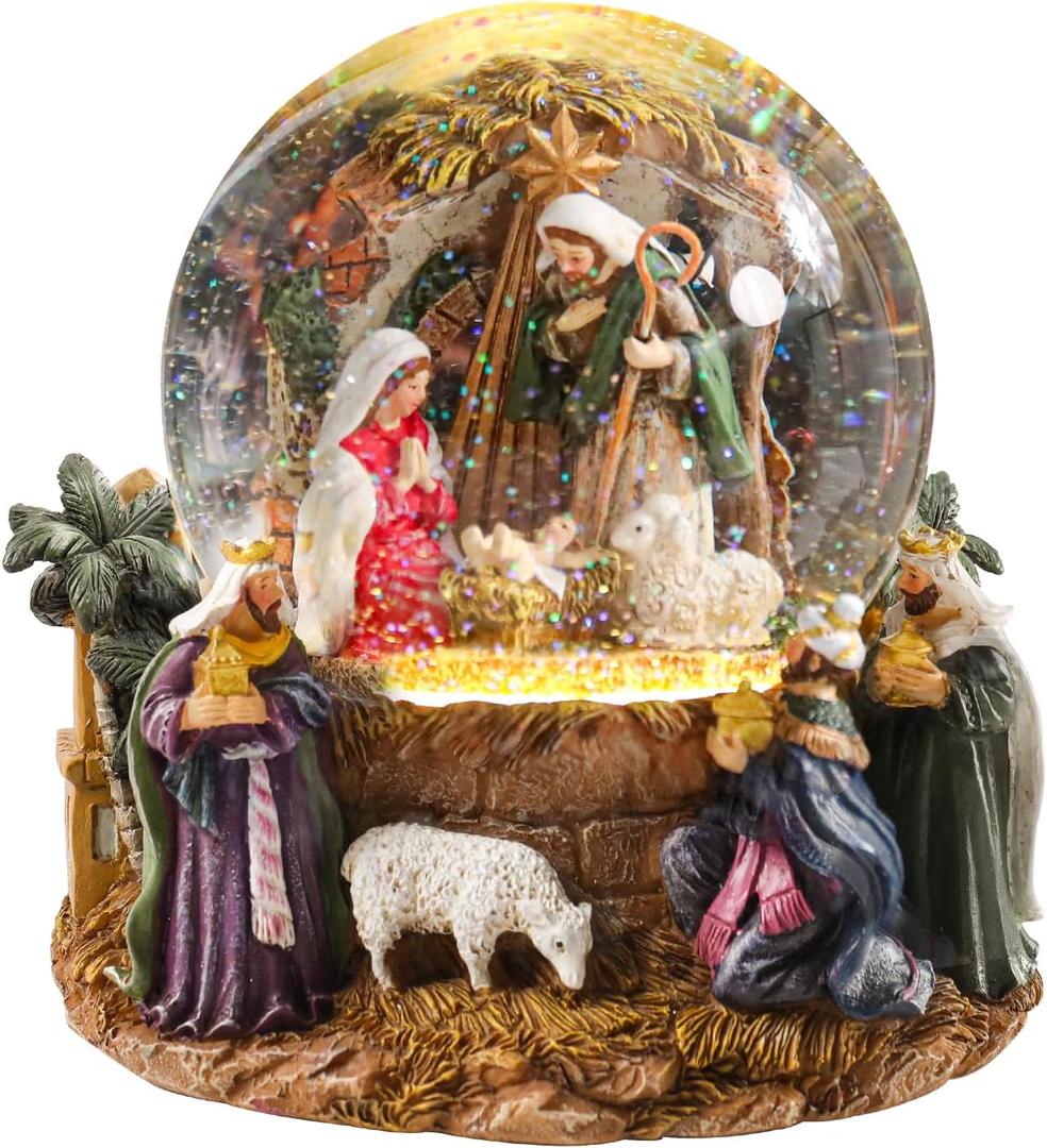 Taman Christmas Snow Globe, Nativity Musical Snowglobe with Swirling Glitter Snowflakes Lighted Christmas Decorations Tabletop Home Dcor