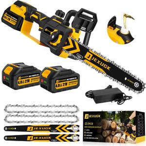JEXUGK 12" Brushless Chainsaw, 21V Cordless Chainsaw with 2 x 4.0Ah Battery, Electric Motosierra De Gasolina with 2 x Chains & Guide Plate, Elctrica Rechargeable Saw for Wood Cutting Trimming Branch