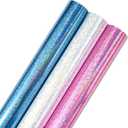 Burymento Mini Wrapping Paper Roll, Metallic Holographic Star Gift Wrap for Birthday, Valentines, Mothers day, Graduation, Wedding, Fathers day, Baby Shower, Christmas (17 Inch x 120 Inch - 3 Rolls) (Star - Pink Blue Silver)