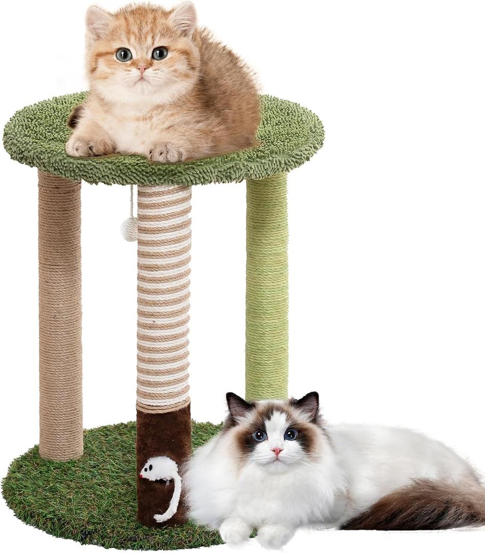 19.3 Cat Scratching Post Cat Tree Tower with Carpeted Base Play Area, Three Color Scratch Posts, with Cat Toys Hanging Ball and Mouse Hole for Indoor Cats and Kittens