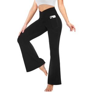 YOLIX Flare Leggings for Women with Pockets - Crossover High Waisted Black Flared Leggings for Yoga Gym Workout (Small)