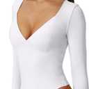 QINSEN White Long Sleeve Bodysuit for Women V Neck Seam Cup Body Suits Double Lined Stretch Shirts Tops (White, L)