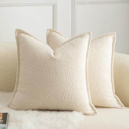 MANDIOO Pack of 2 Decorative Throw Pillow Covers Accent Solid Woven Textured Cushion Covers Pillow Cases Bedroom Living Room Sofa Home 22 x 22 Inch Beige