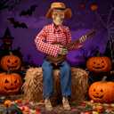 Halloween Skeleton Banjo Player Decoration, Animated Skull with Sound Activated, Light Up Eyes, Playing Musical Halloween Party Props Decor for Indoor Outdoor