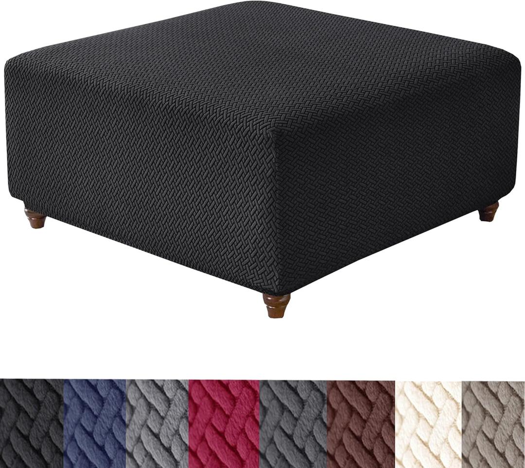 HFCNMY Ottoman Cover Square,Stretch Knitted Jacquard Ottoman Cover Thick Ottoman Slipcover Square Washable Storage Foot Stool Cover with Elastic Bottom Black X-Large