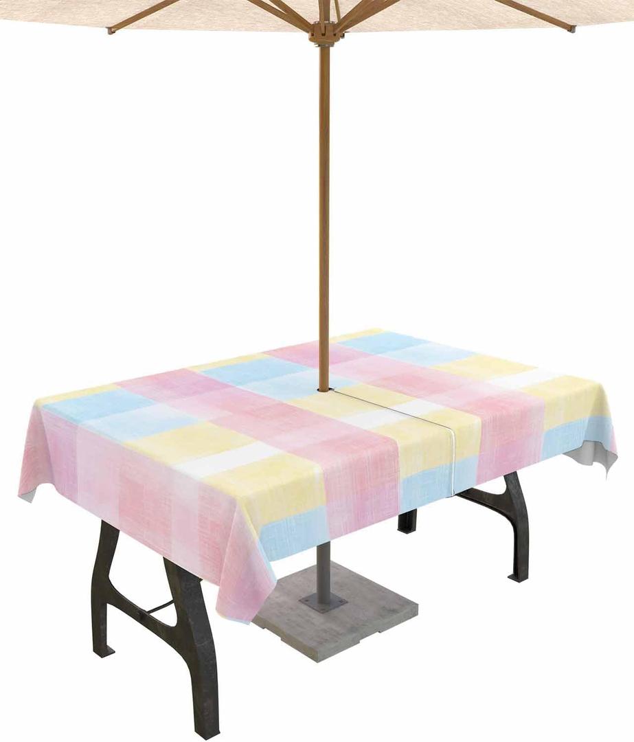 Pink Blue Plaid Outdoor Rectangle Tablecloth with Umbrella Hole 60x84,Rainbow Yellow Buffalo Check Lattice Wrinklefree Wipeable Table Cloth Waterproof Zippered Cover for Camping Picnic Patio Party