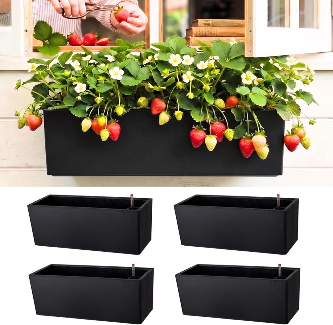 LaLaGreen Wall Hanging Planter Outdoor (4 Pack, 20 Inch) Wall Mounted Self Watering System Window Boxes with Bracket, Black Rectangular Plant Pot Flower Box Container Indoor Modern Herb Kitchen Decor