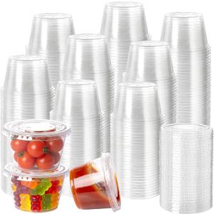 100 x HOMIP 100Pack 4oz Disposable Plastic Portion Cups with Lids, Small Mini Sauce Cups for Portion Control, Salad Dressing Cups, Airtight and Stackable Condiment Cups for Party, Holiday and Daily Use