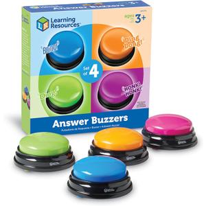 Learning Resources Answer Buzzers - Set of 4, Ages 3+, Assorted Colored Buzzers, Game Show Buzzers, Perfect for Family Game and Trivia Nights, for Kids