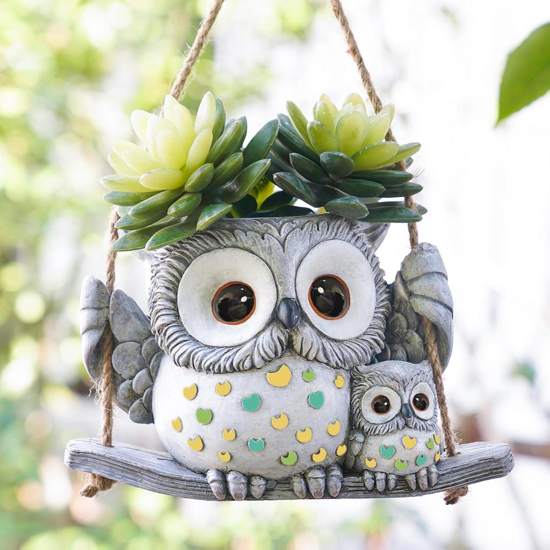 Swing Owl Hanging Planters for Indoor Plants, Cute Small Succulent Pots with Drainage Hole, Unique Resin Plant Hangers Outdoor, Hanging Plant Holder for String Of Pearls, Gift Ideas for Mother (Grey-2)