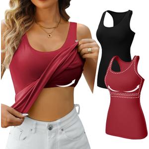 V FOR CITY Womens Shelf Bra Tank Tops Racerback Workout Camis Yoga Shirt Cotton Undershirt 2 Pack (X-Large, Black/Red)