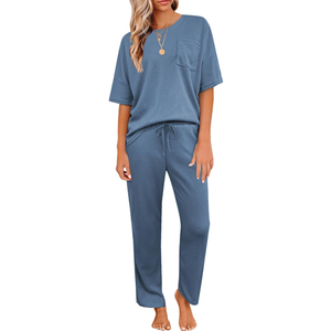JiniGolla Womens Pajama Sets Waffle Knit Short Sleeve Shirt with Long Pajama Pants Soft Sleepwear Pj Lounge Sets, L